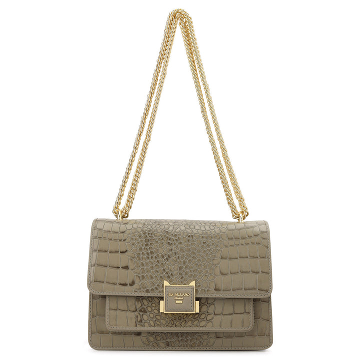 Croco-Textured Double Chain Bag (S) - Stone Grey