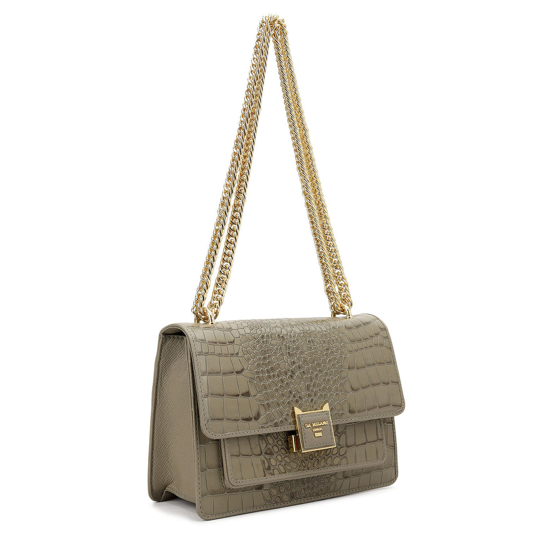 Croco-Textured Double Chain Bag (S) - Stone Grey