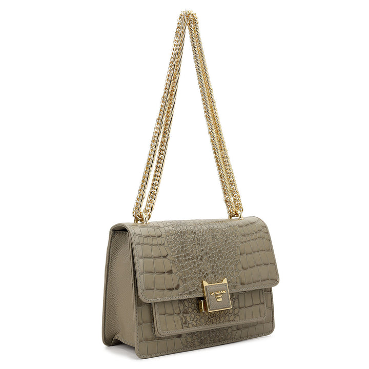 Croco-Textured Double Chain Bag (S) - Stone Grey