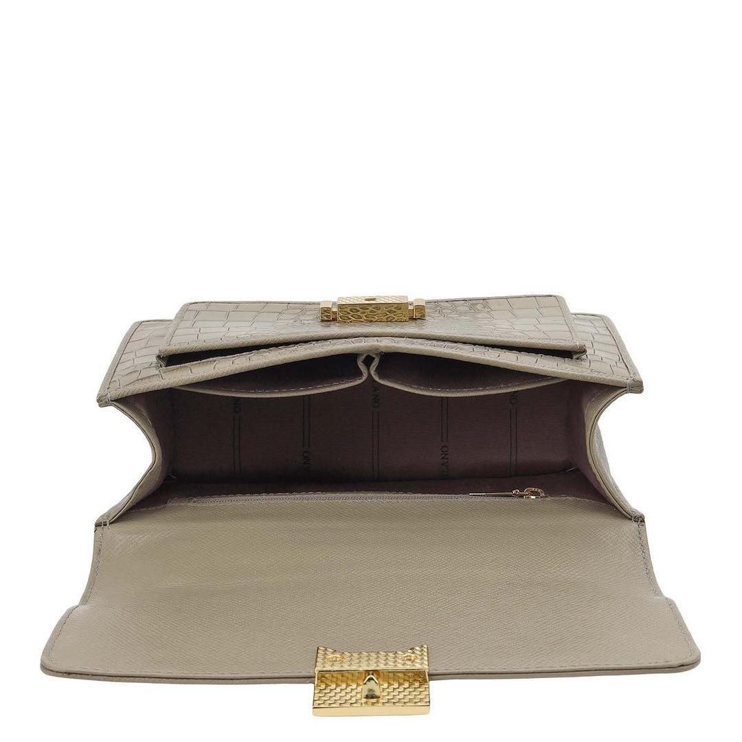 Croco-Textured Double Chain Bag (S) - Stone Grey