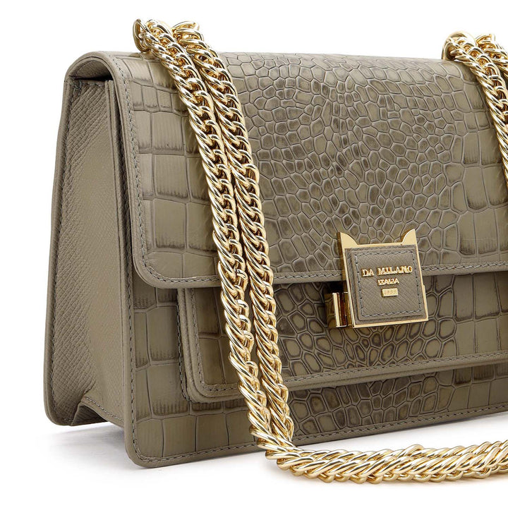 Croco-Textured Double Chain Bag (S) - Stone Grey