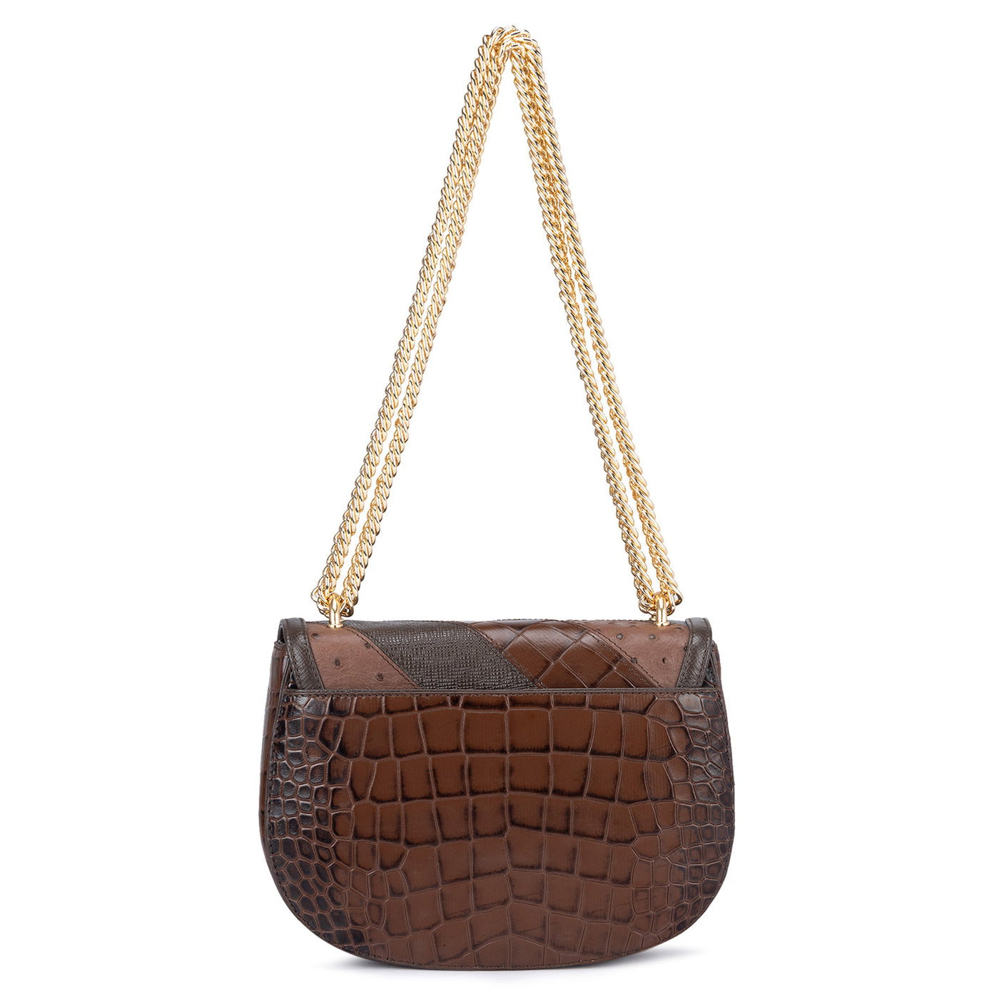 Medium Croco Ostrich Leather Shoulder Bag - Brown