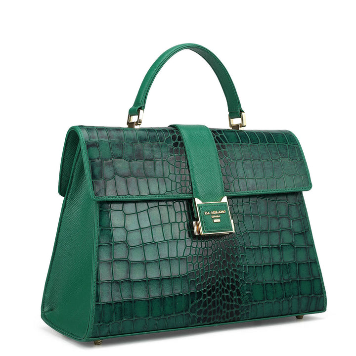 Medium Croco Leather Satchel - Emerald Green
