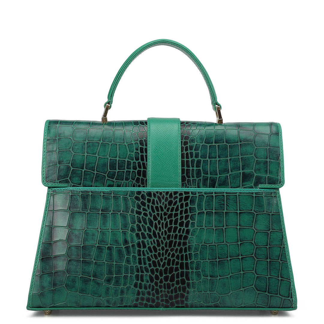 Medium Croco Leather Satchel - Emerald Green