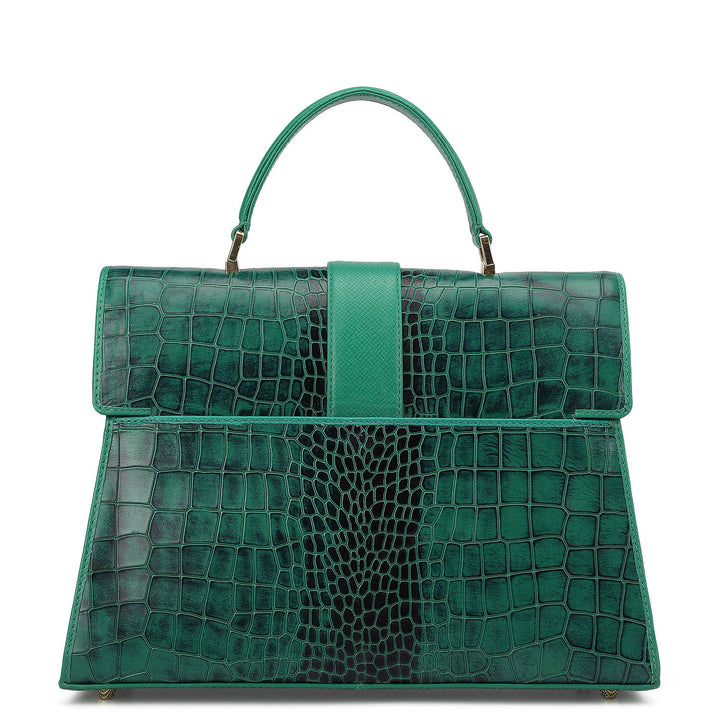 Medium Croco Leather Satchel - Emerald Green