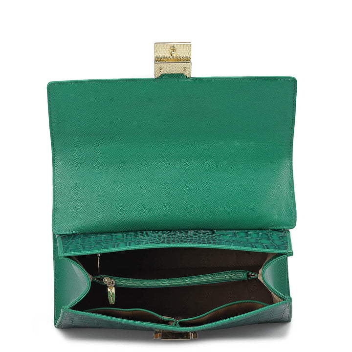 Medium Croco Leather Satchel - Emerald Green