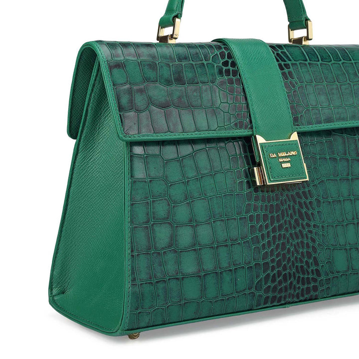 Medium Croco Leather Satchel - Emerald Green