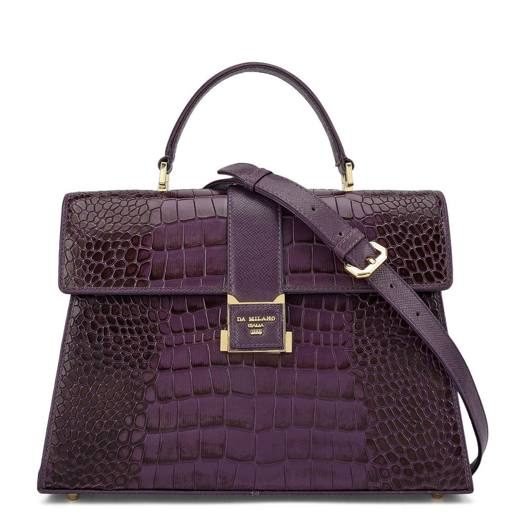 Medium Croco Leather Satchel - Grapevine