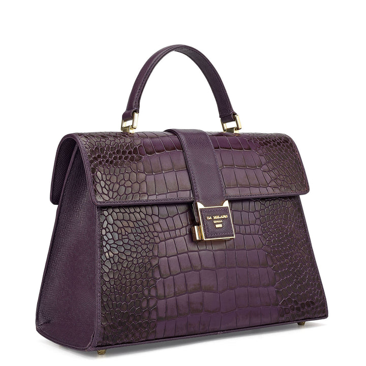 Medium Croco Leather Satchel - Grapevine