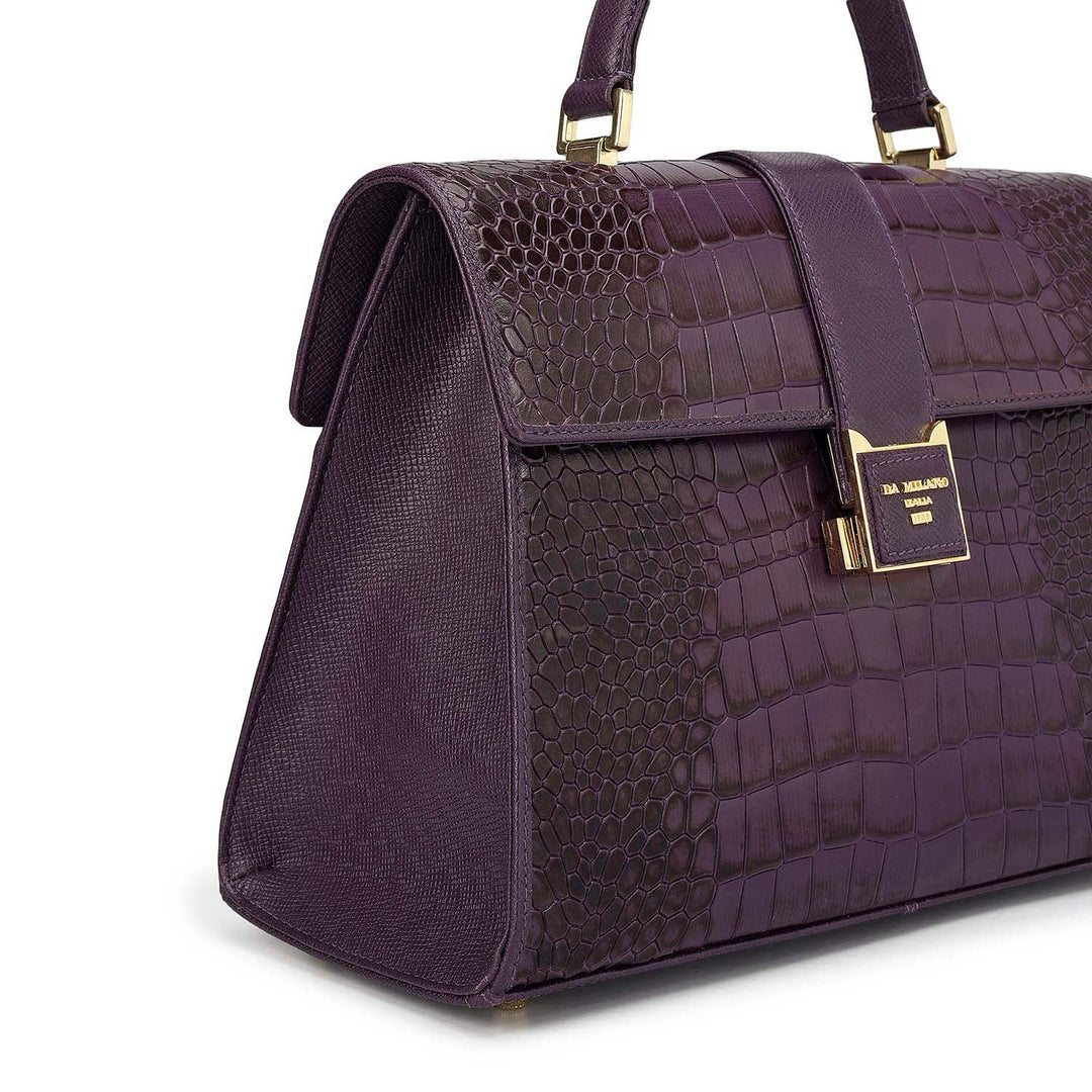 Medium Croco Leather Satchel - Grapevine