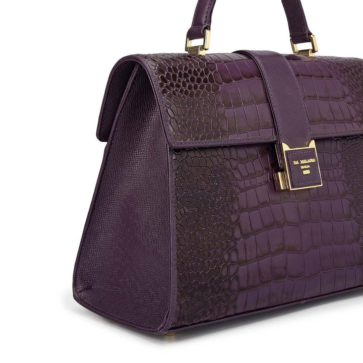 Medium Croco Leather Satchel - Grapevine