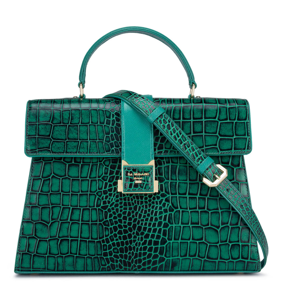 Medium Croco Leather Satchel - Green