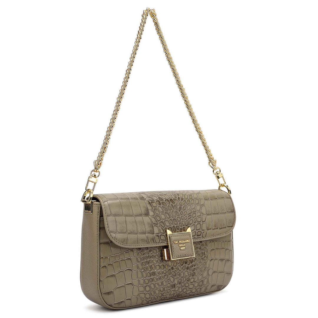Small Croco Leather Shoulder Bag - Stone Grey