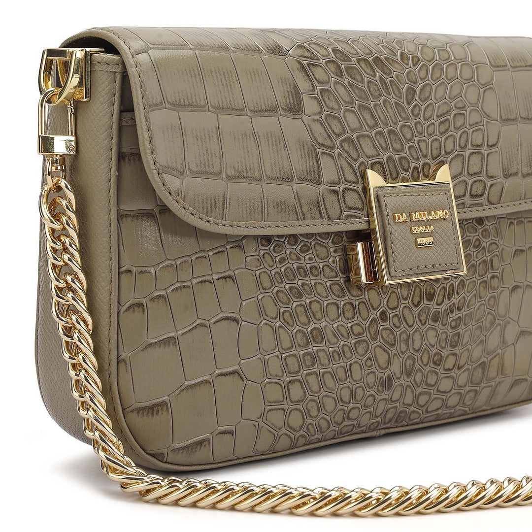 Small Croco Leather Shoulder Bag - Stone Grey
