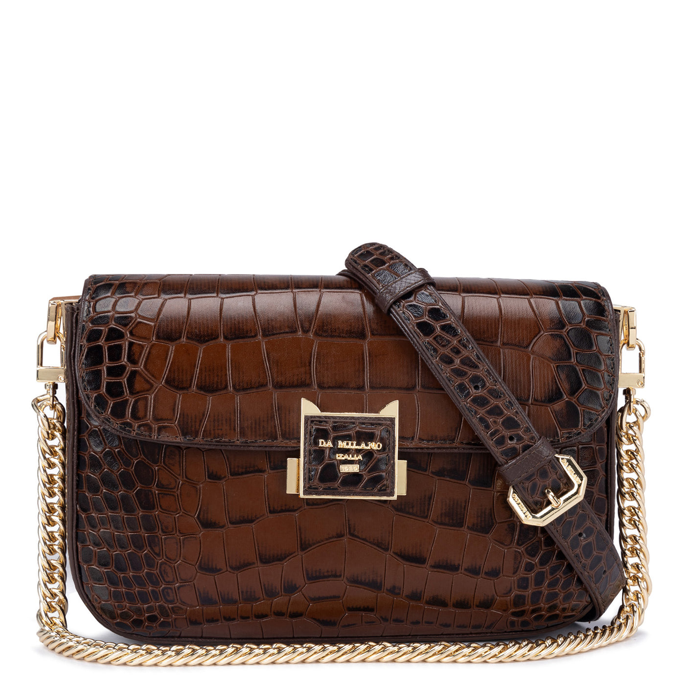 Small Croco Leather Shoulder Bag - Brown