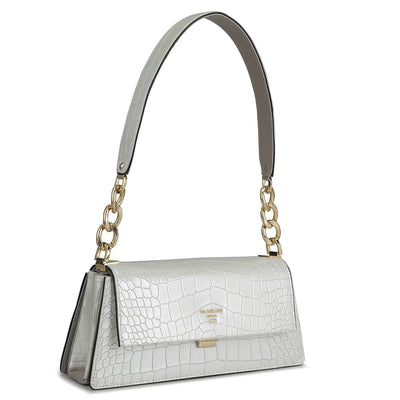 Small Croco Leather Shoulder Bag - Pearl