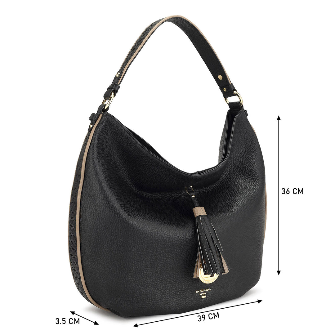 Medium Wax Leather Hobo Bag Black Da Milano