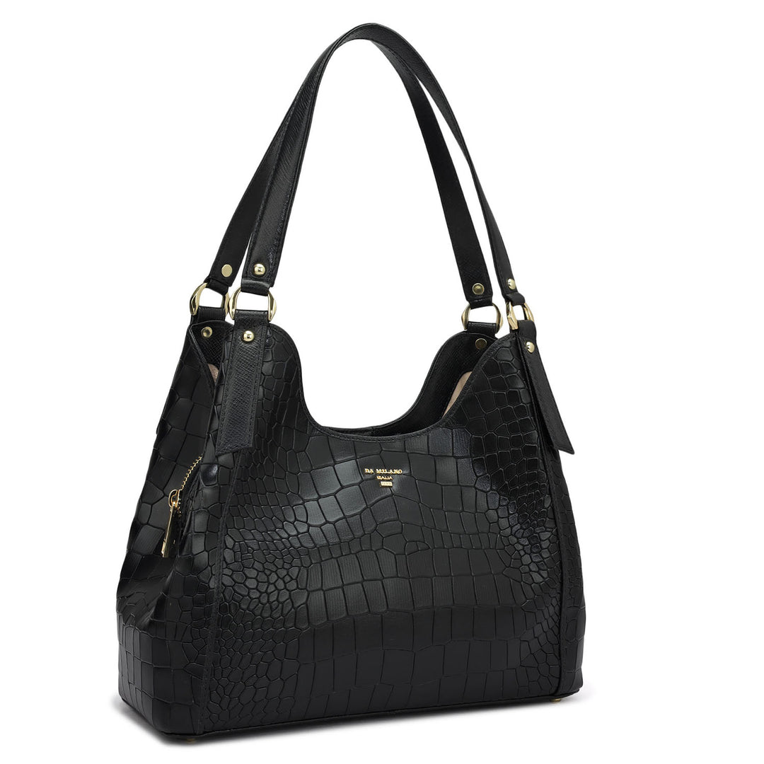 Medium Croco Leather Hobo - Black