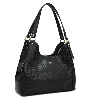 Medium Croco Leather Hobo - Black