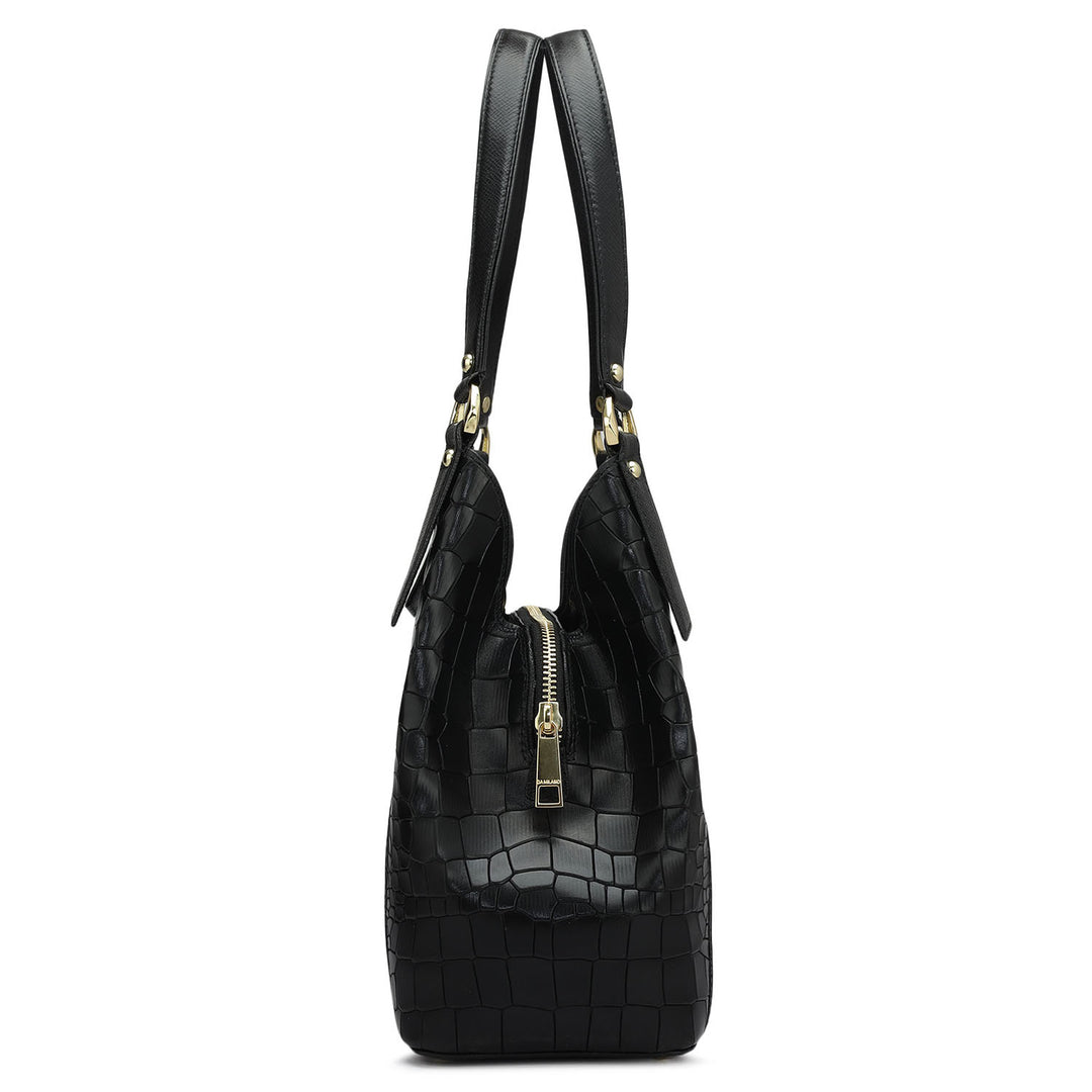 Medium Croco Leather Hobo - Black