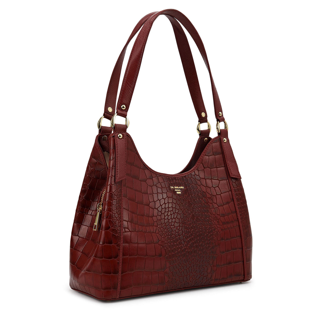 Croco-Texture Hobo Bag - Cherry