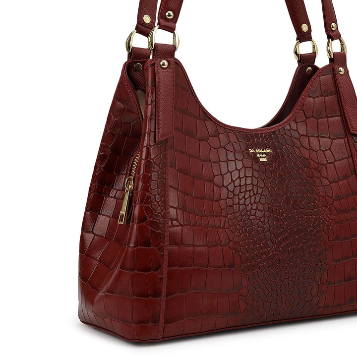 Croco-Texture Hobo Bag - Cherry