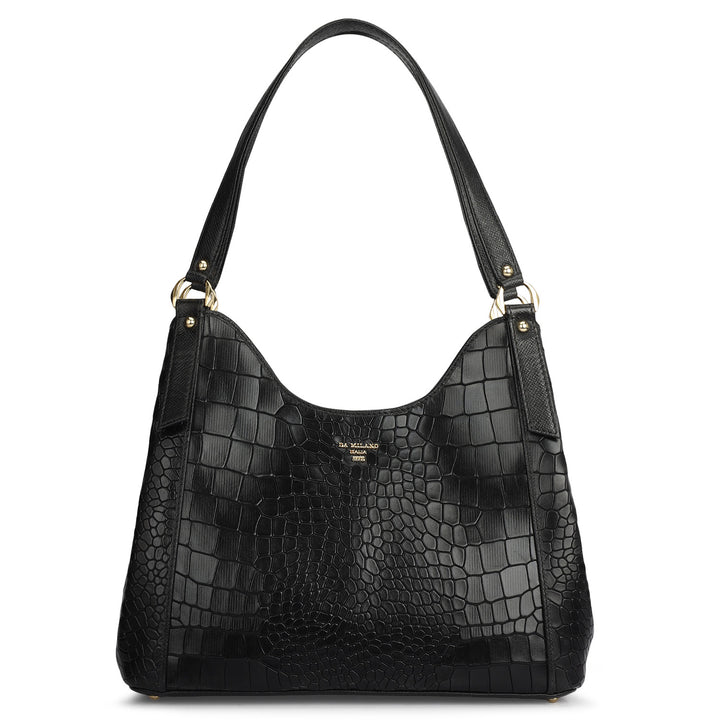 Medium Croco Leather Hobo - Black
