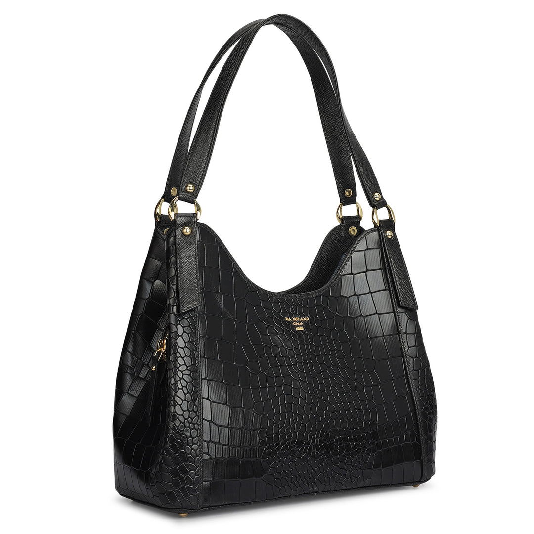 Medium Croco Leather Hobo - Black