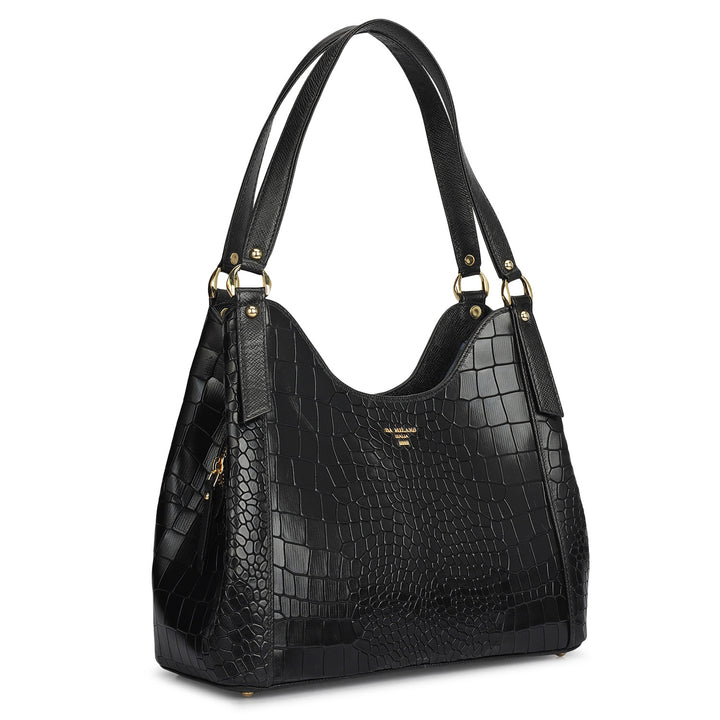 Medium Croco Leather Hobo - Black