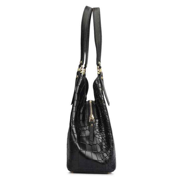 Medium Croco Leather Hobo - Black