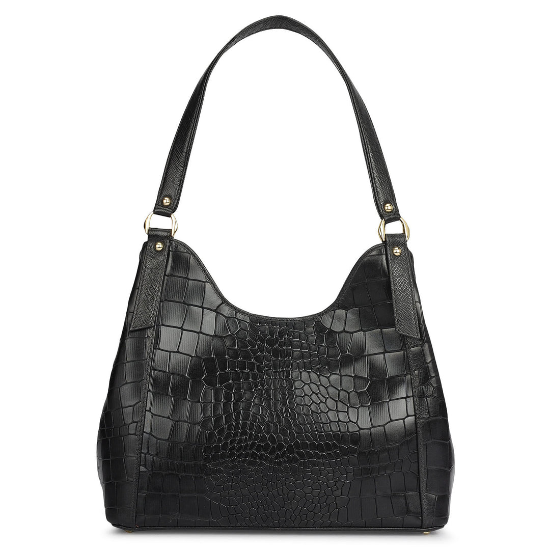 Medium Croco Leather Hobo - Black