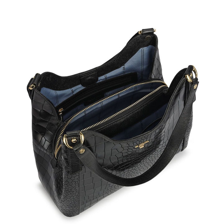 Medium Croco Leather Hobo - Black