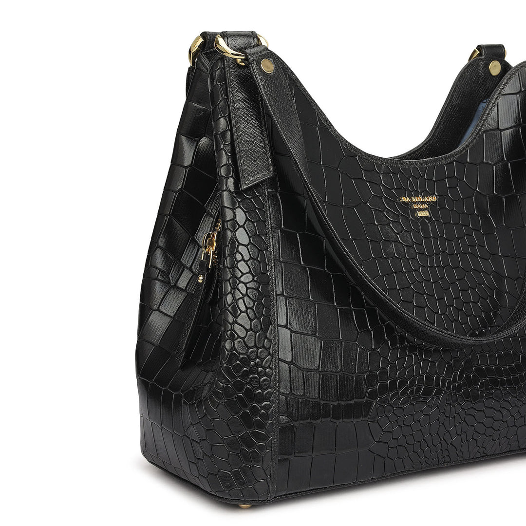 Medium Croco Leather Hobo - Black