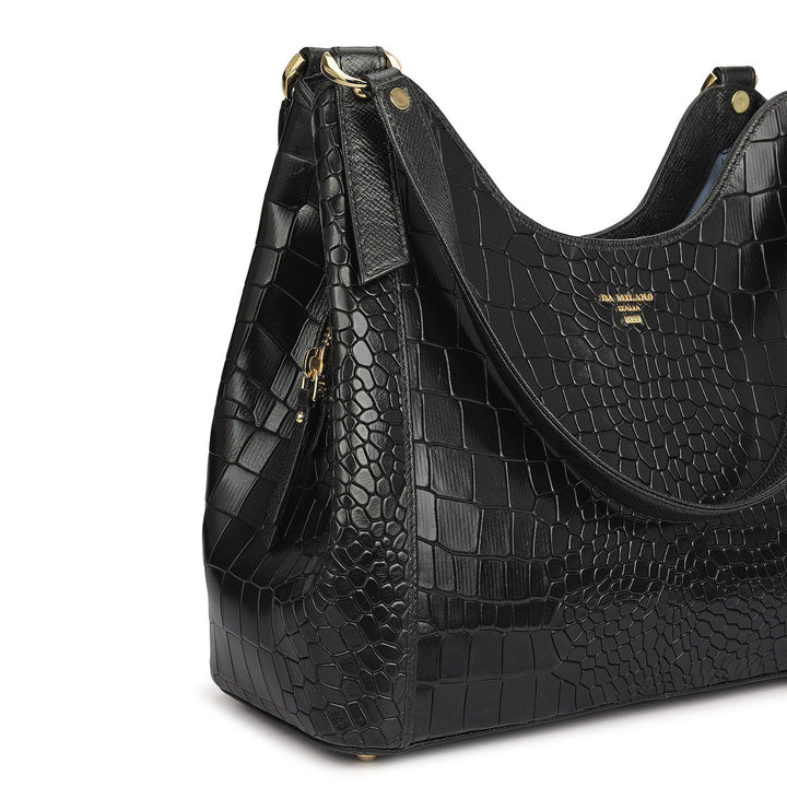 Medium Croco Leather Hobo - Black