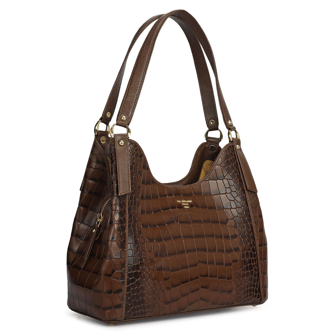Medium Croco Leather Hobo - Walnut