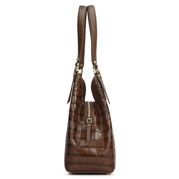 Medium Croco Leather Hobo - Walnut