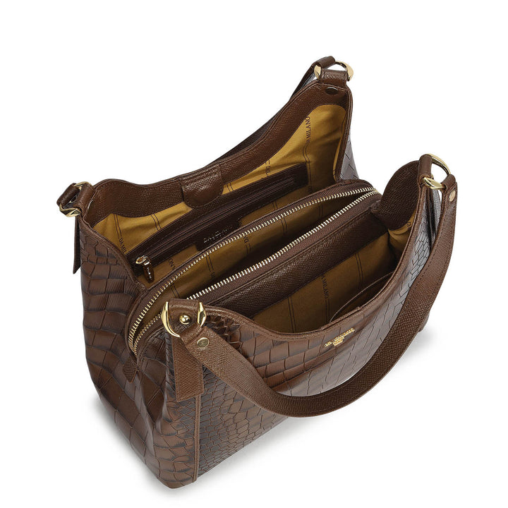 Medium Croco Leather Hobo - Walnut