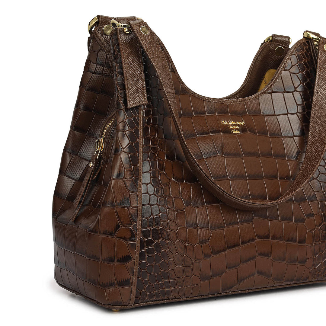 Medium Croco Leather Hobo - Walnut