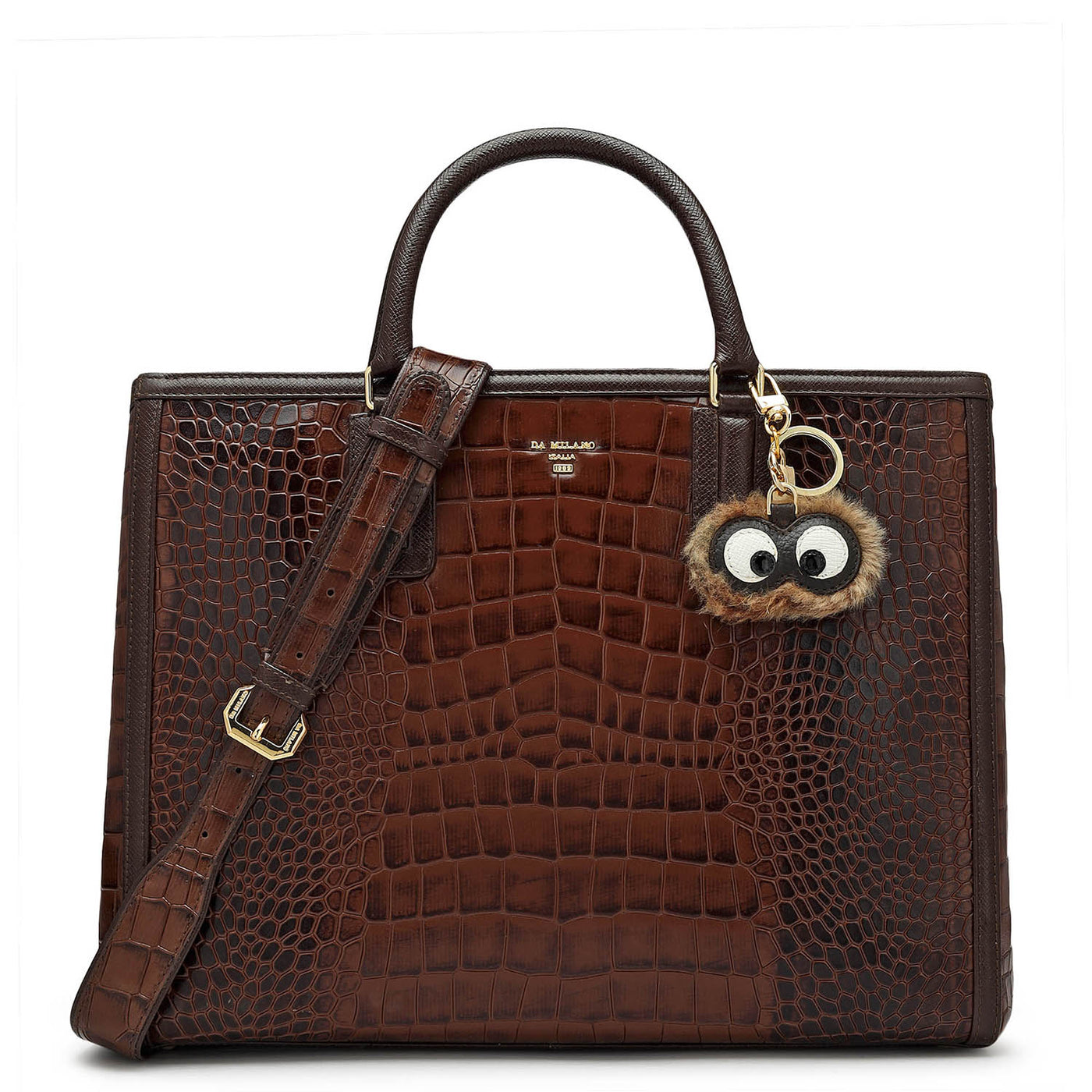 Large Croco Leather Satchel - Brown