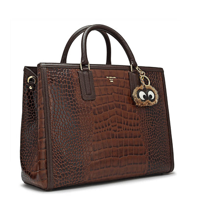 Large Croco Leather Satchel - Brown