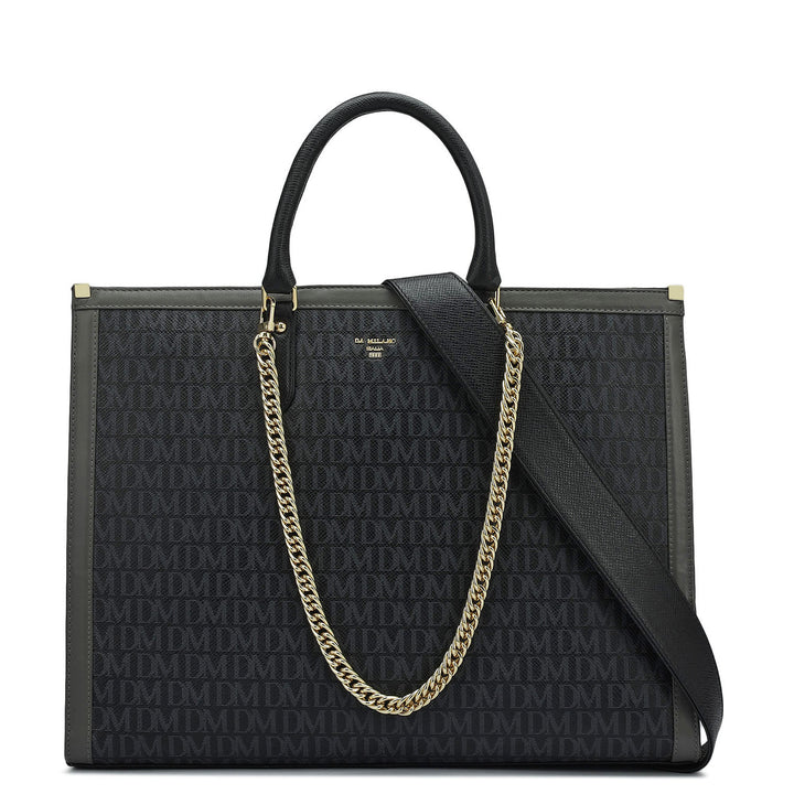 Large Monogram Leather Book Tote   - Black