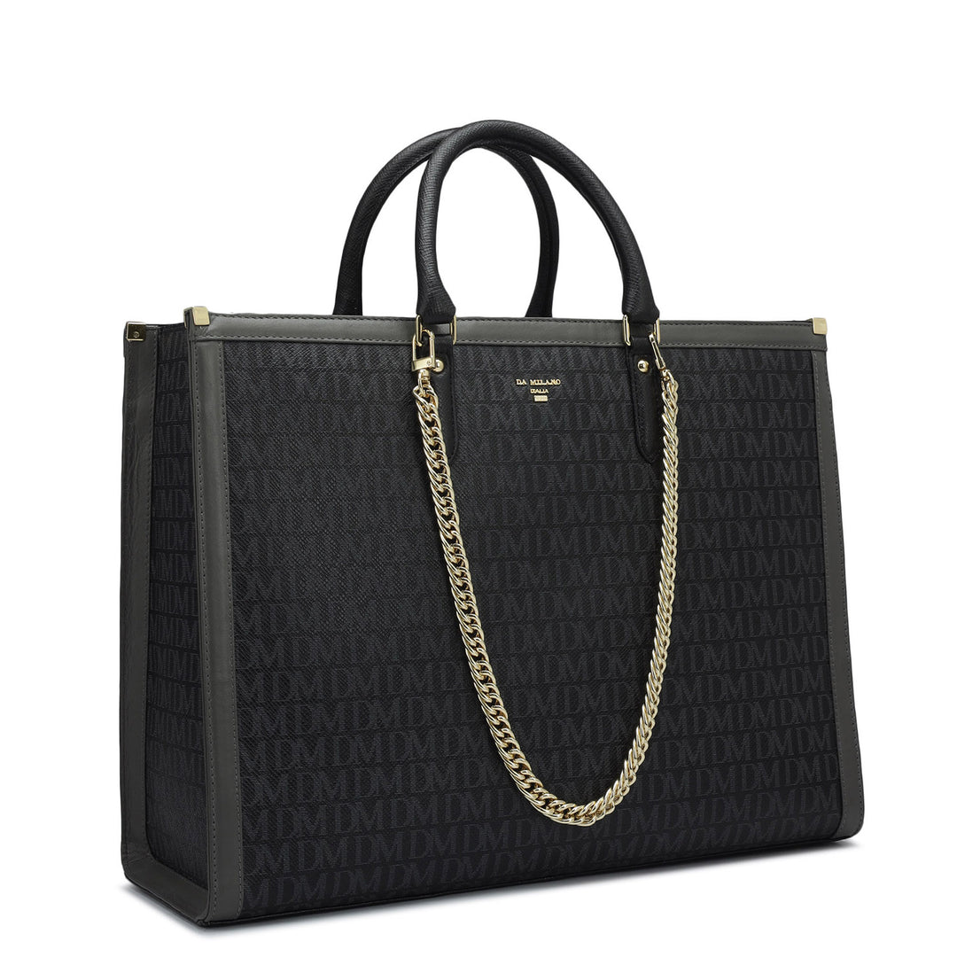 Large Monogram Leather Book Tote   - Black
