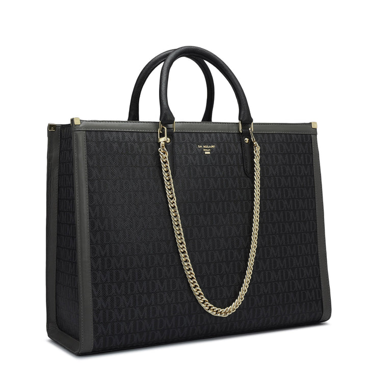 Large Monogram Leather Book Tote   - Black