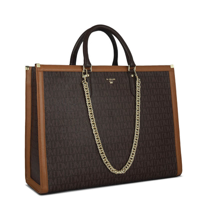 Large Monogram Leather Book Tote - Chocolate