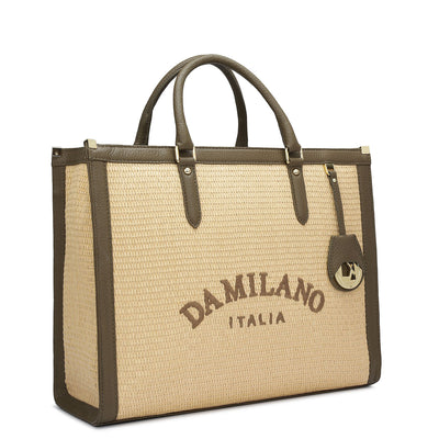 Medium Raffia Wax Leather Book Tote - Beige & Moss