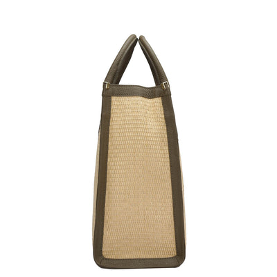 Medium Raffia Wax Leather Book Tote - Beige & Moss