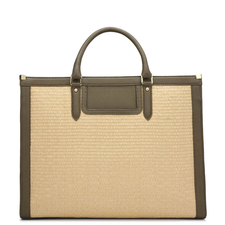 Medium Raffia Wax Leather Book Tote - Beige & Moss