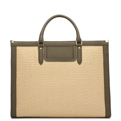 Medium Raffia Wax Leather Book Tote - Beige & Moss
