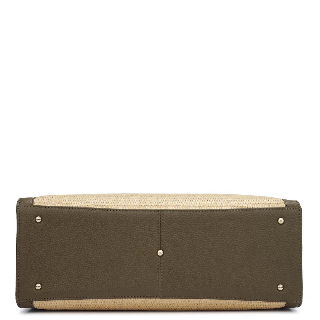 Medium Raffia Wax Leather Book Tote - Beige & Moss
