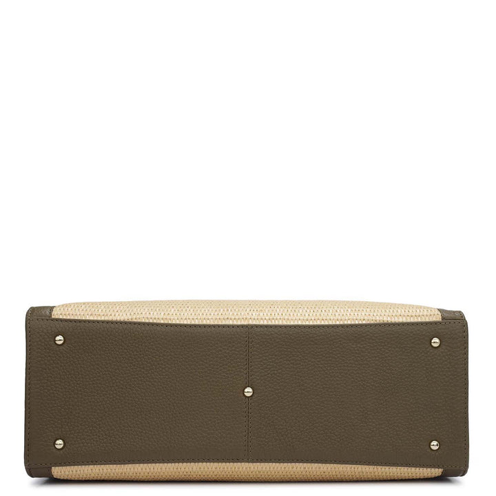 Medium Raffia Wax Leather Book Tote - Beige & Moss